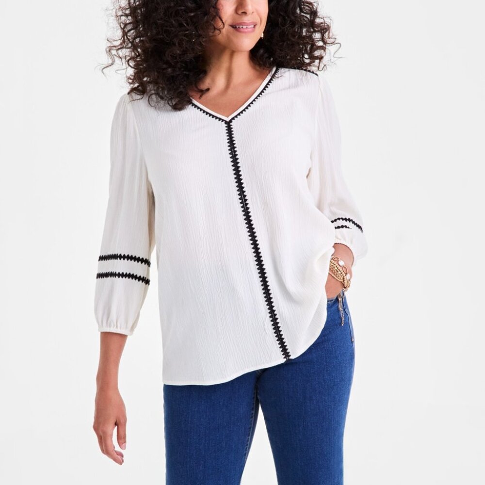 Style & Co Women's Sz M Textured Contrast Trim 3/4 Sleeve Antique White Top NEW